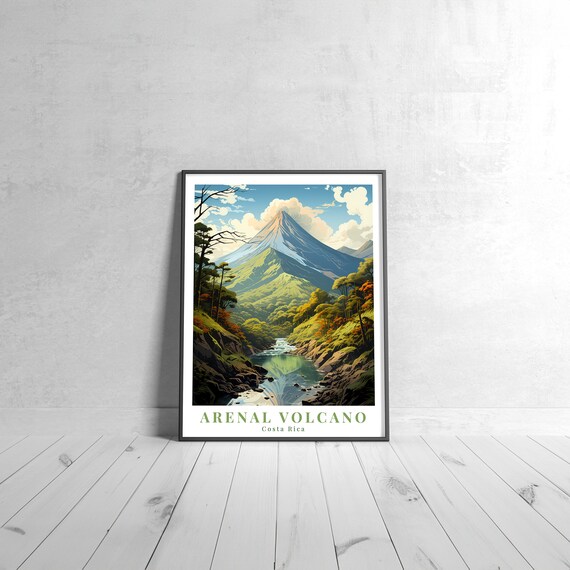 Arenal Volcano Costa Rica Jungle River Valley Retro Style Travel Poster
