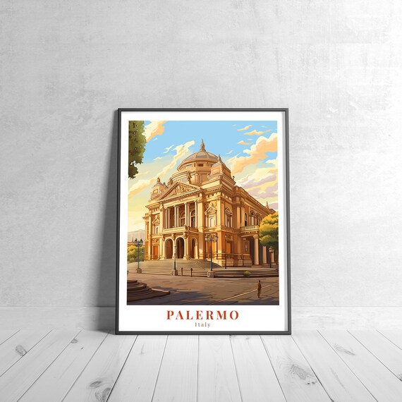 Palermo Italy Vintage Travel Poster with Grand Theater Facade