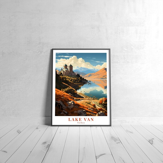 Lake Van Turkey Church on Hill Sunset Golden Vintage Travel Poster