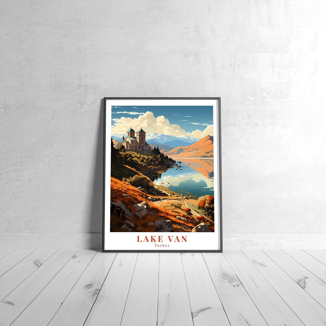 Lake Van Turkey Church on Hill Sunset Golden Vintage Travel Poster