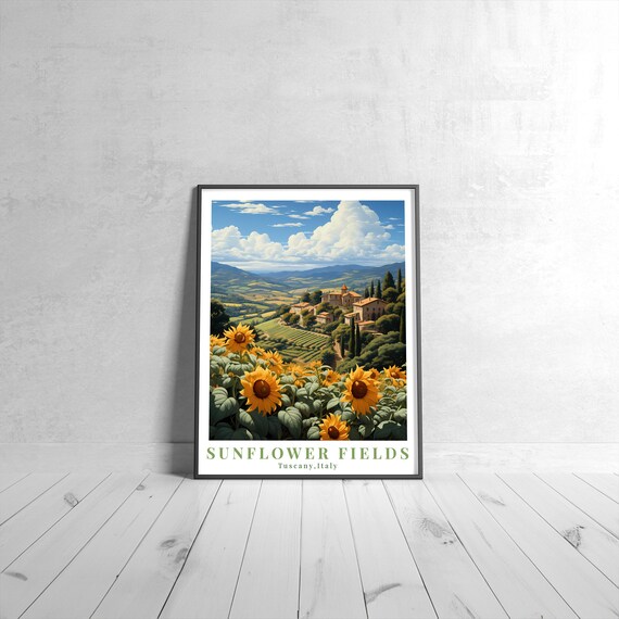 Sunflower Fields Tuscany Italy Vintage Countryside Travel Poster
