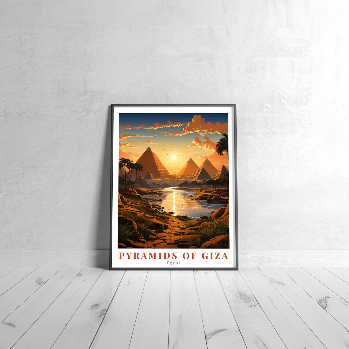 Pyramids of Giza Vintage Travel Poster Egypt Sunset Desert Scene