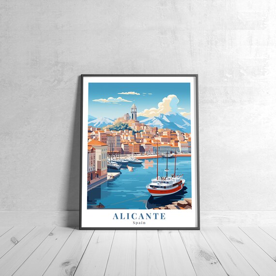 Alicante Spain Harbor Marina Castle Hill Vintage Travel Art Print