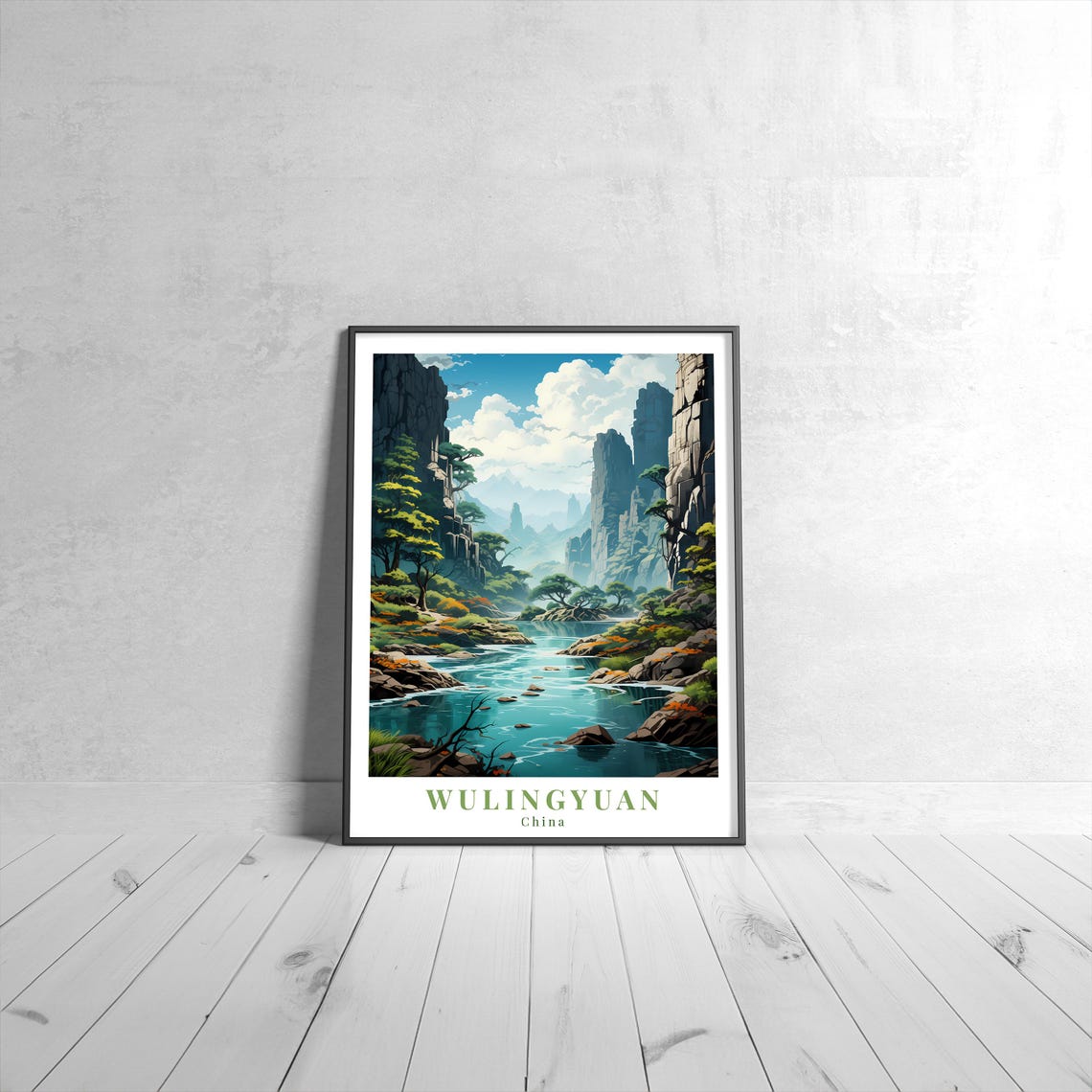 Wulingyuan China Misty Canyon River Cliffs Scenic Travel Poster