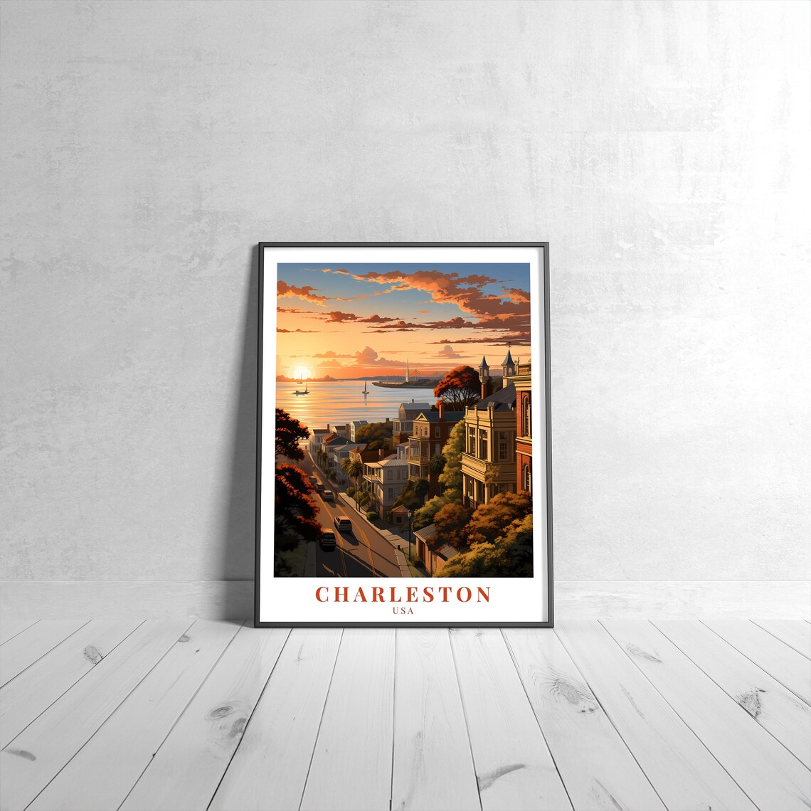 Charleston USA Harbor Sunset Historic Homes Sailboats Travel Poster