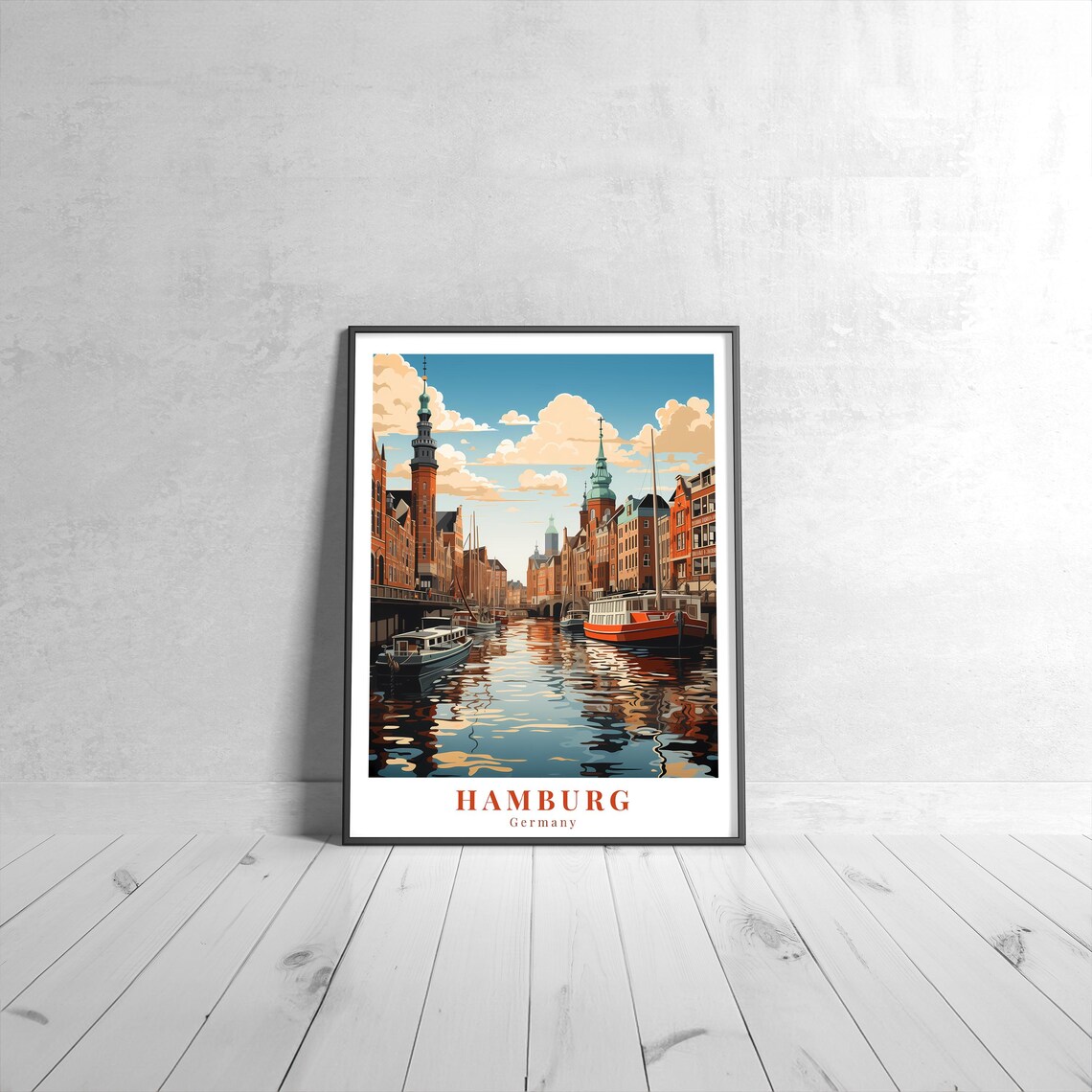 Hamburg Germany Vintage Travel Poster of the Canal and Old Harbor Boats