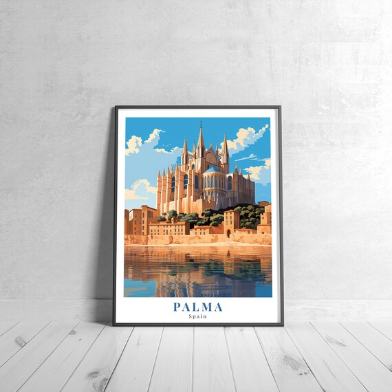 Palma Spain Vintage Cathedral By The Water Retro Travel Poster