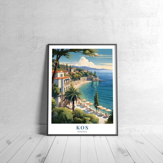 Sunny Kos Greece Beach With Palms Vintage Island Travel Poster