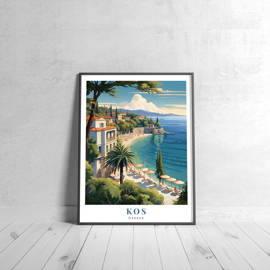 Sunny Kos Greece Beach With Palms Vintage Island Travel Poster