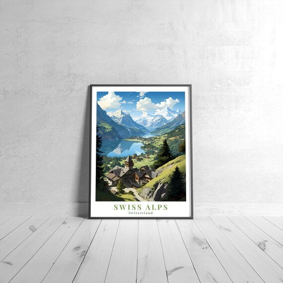 Swiss Alps Switzerland Vintage Travel Mountain Lake Chalet Alpine View Poster