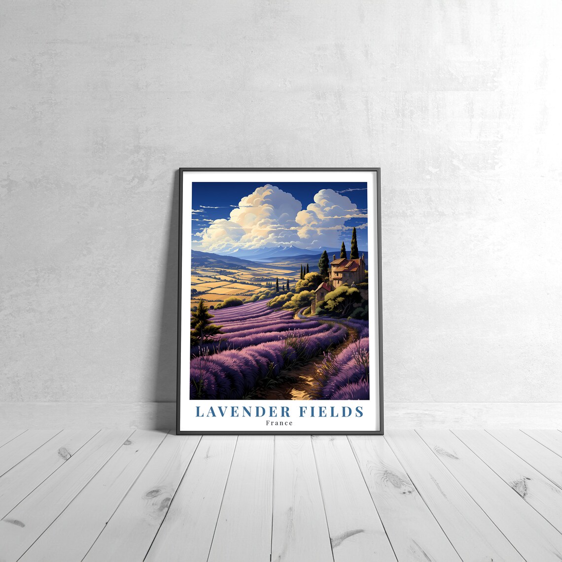 Lavender Fields France Vintage Travel Poster with Purple Bloom Rows