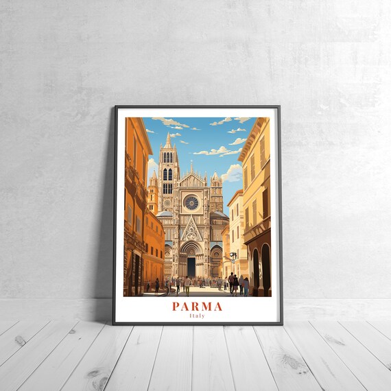 Parma Italy Cathedral Vintage Travel Poster Historic Old Town View