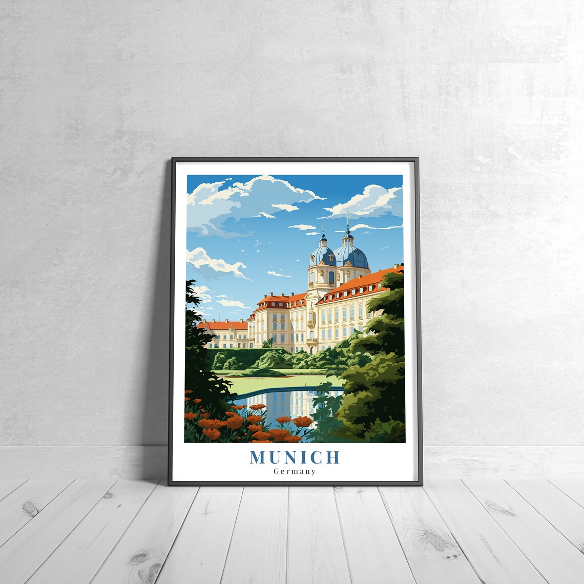 Munich Germany Vintage Palace Gardens Reflected In Pond Travel Poster