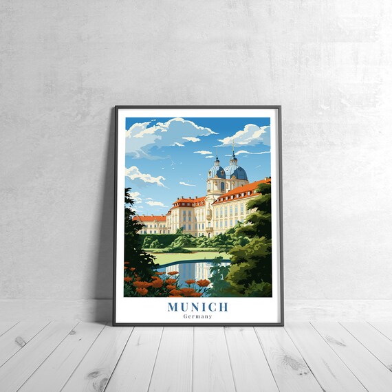 Munich Germany Vintage Palace Gardens Reflected In Pond Travel Poster