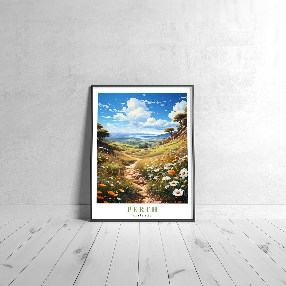 Perth Australia Vintage Retro Travel Wildflower Trail Hillside Poster