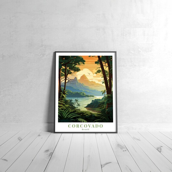 Corcovado Brazil Vintage Travel Poster Tropical Lagoon Mountain Sunset