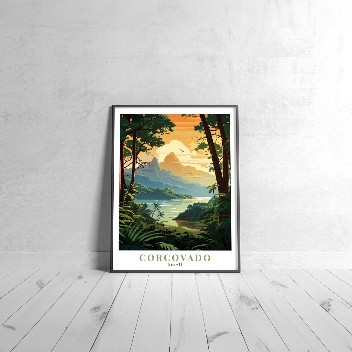Corcovado Brazil Vintage Travel Poster Tropical Lagoon Mountain Sunset