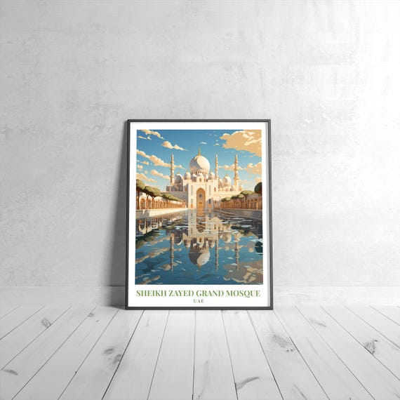 Sheikh Zayed Grand Mosque Vintage Travel Poster Retro Uae Art Print Colorful Home Decor Wall Unique Gift