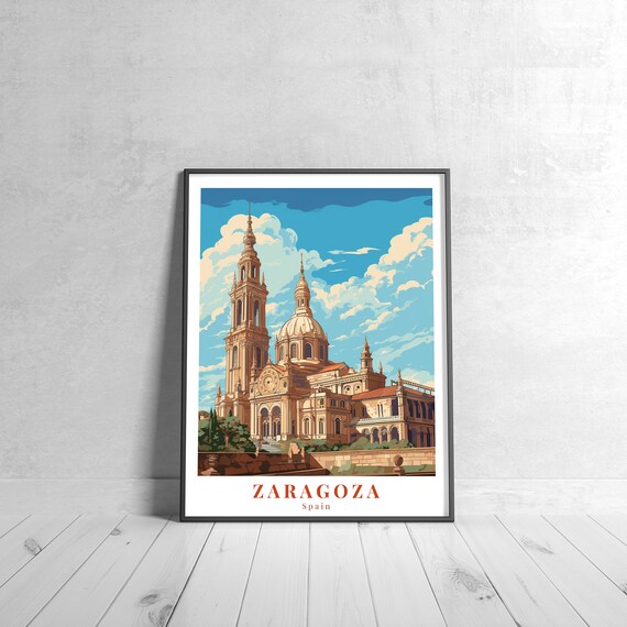 Zaragoza Spain Cathedral Vintage Travel Poster City Skyline View