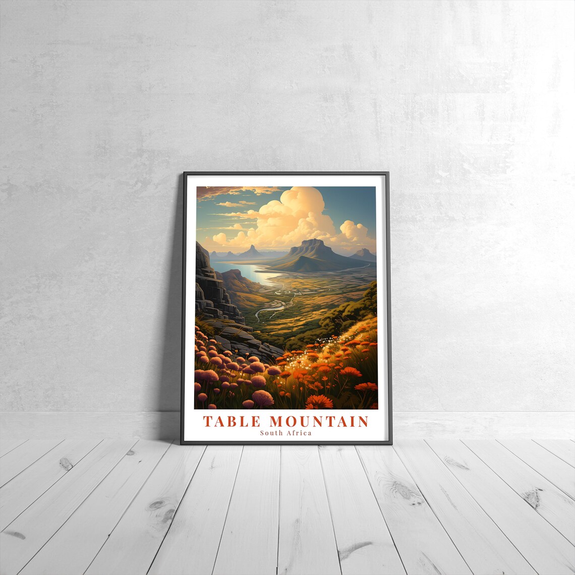 Table Mountain South Africa Sunset Wildflower Valley Travel Poster