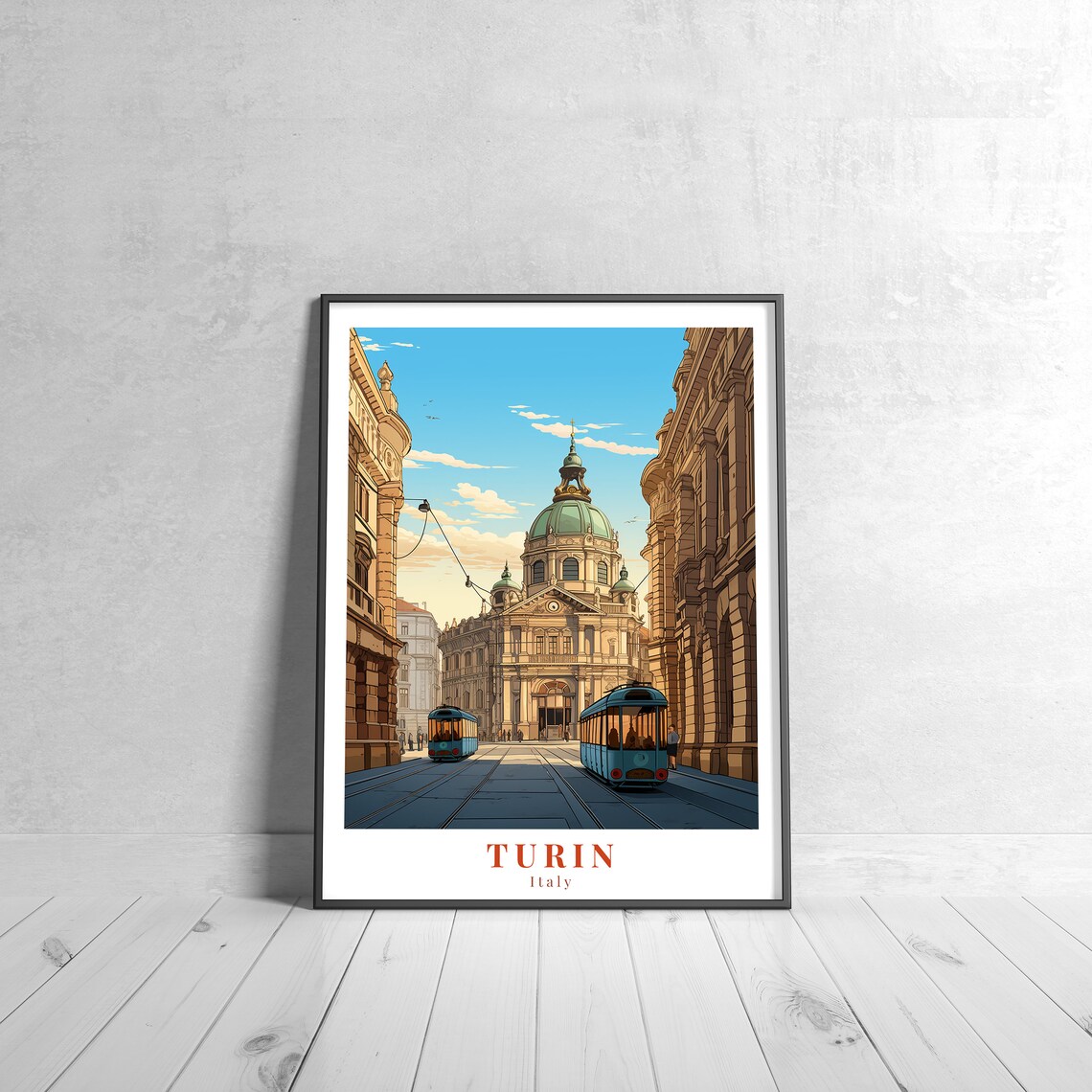 Turin Italy Vintage Retro Travel Domed Church Trams Street Scene Poster