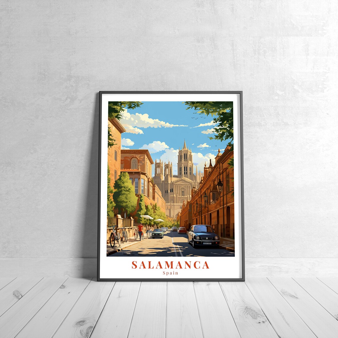 Salamanca Spain Vintage Cathedral Street Scene Travel Poster