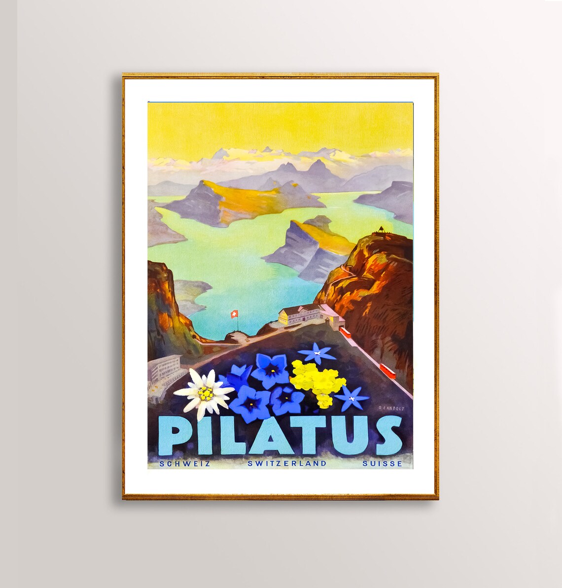 Pilatus Switzerland Vintage Travel Poster Alpine Lake Flower Art