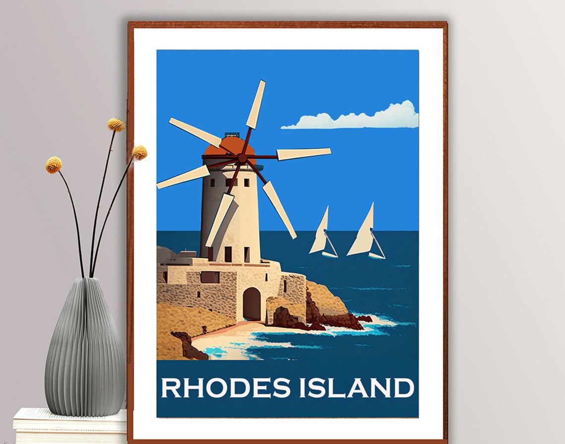 Rhodes Island Windmill Sailboats Aegean Sea Vintage Travel Poster - Image 2