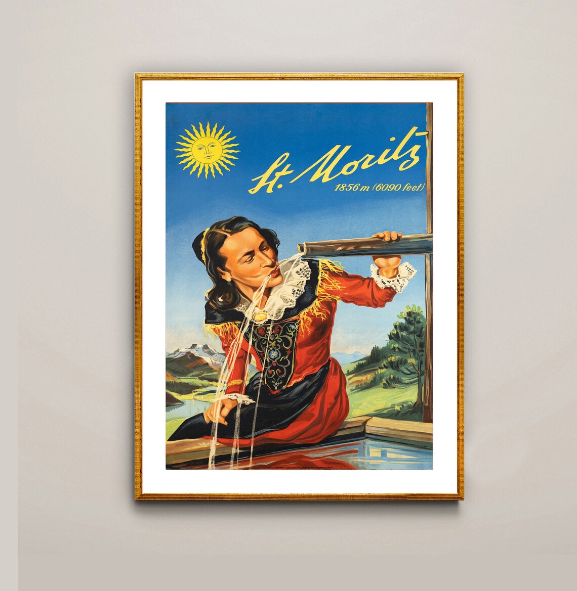St Moritz Swiss Alps Woman Drinking Fountain Vintage Travel Poster - Image 3