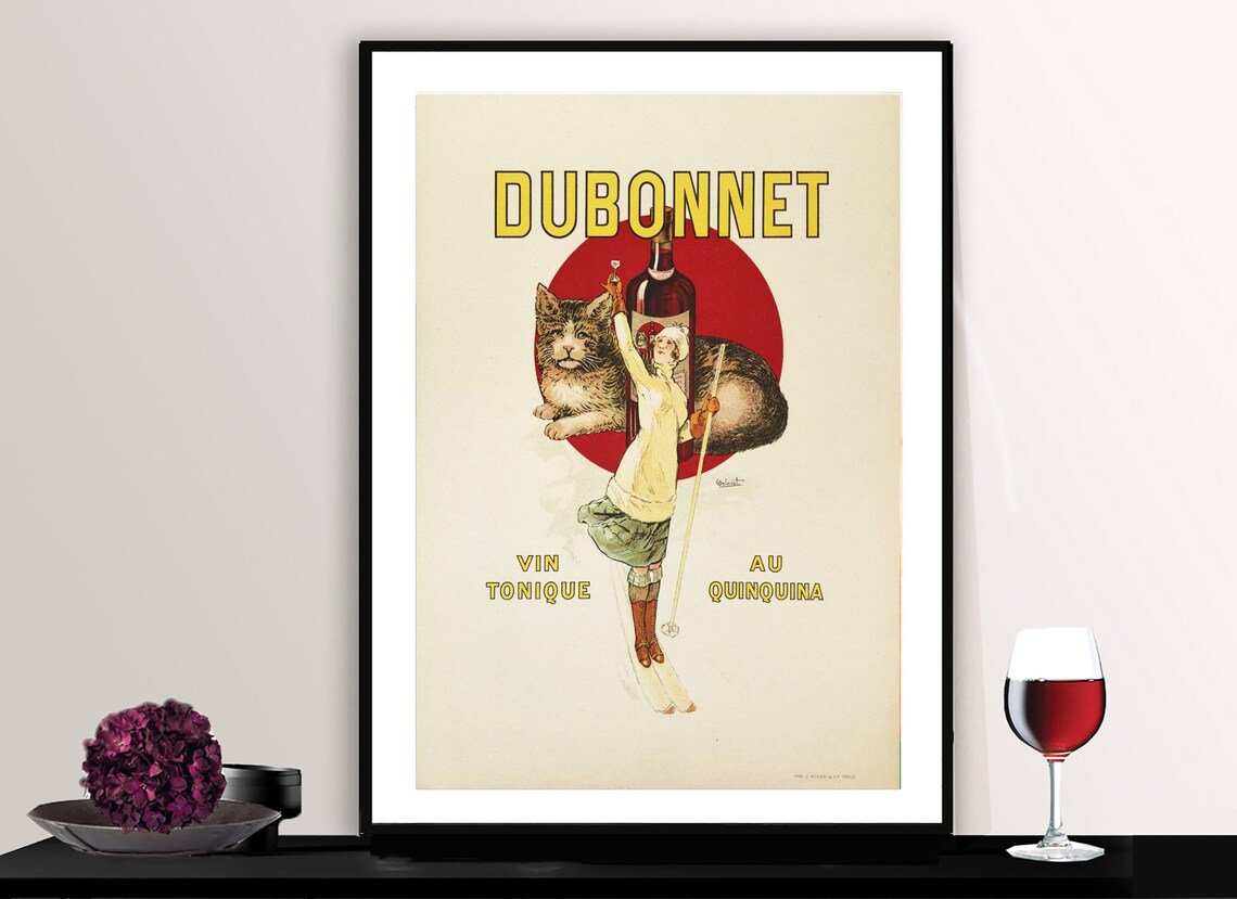 Dubonnet Vin Tonique au Quinquina Vintage French Cat Ski Poster