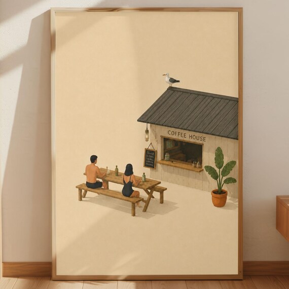 Coffee House Minimal Beach Cafe Swimmers Seagull Scene Poster