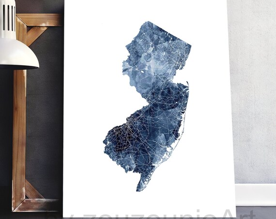 New Jersey State Navy Watercolor Geometric Map Silhouette Art Print