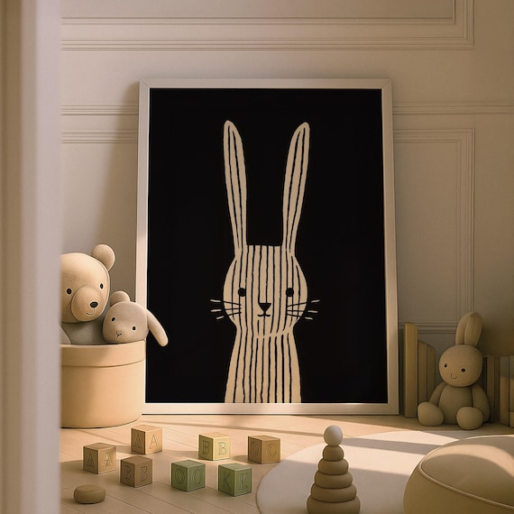 Whimsical Striped Bunny Nursery Cream Rabbit Black Backdrop Decor Poster