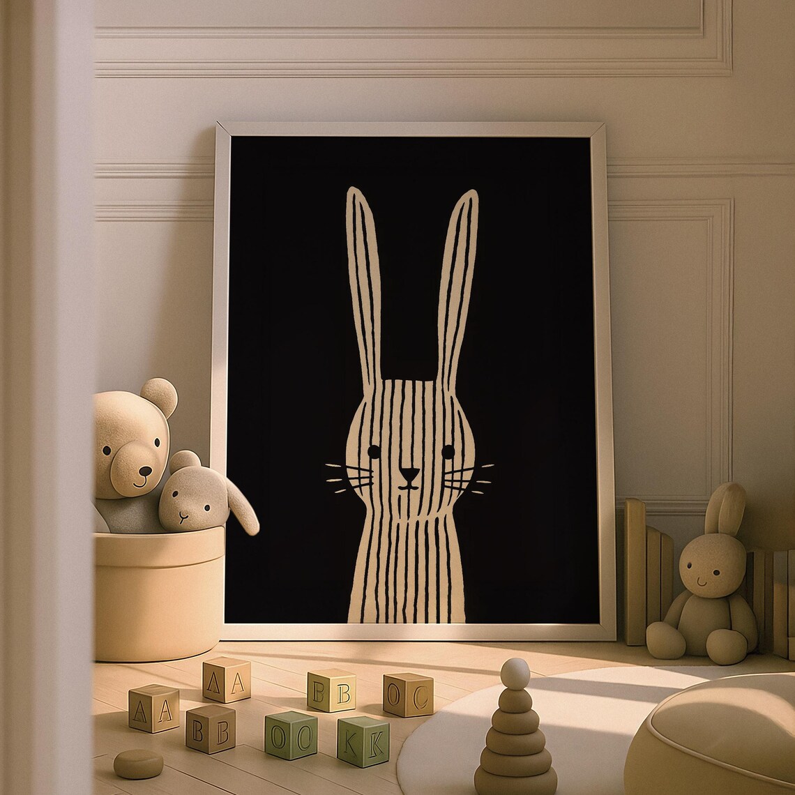 Whimsical Striped Bunny Nursery Cream Rabbit Black Backdrop Decor Poster
