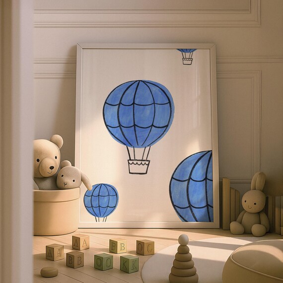 Blue Hot Air Balloon Nursery Poster Kids Room Adventure Sky Wall Decor