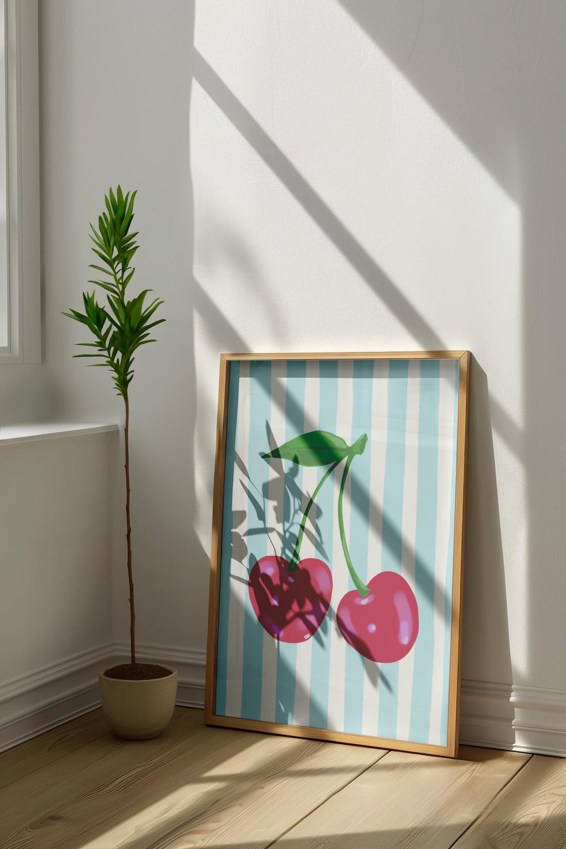 Red Cherry Pair Illustration on Blue White Striped Kitchen Poster - Image 3