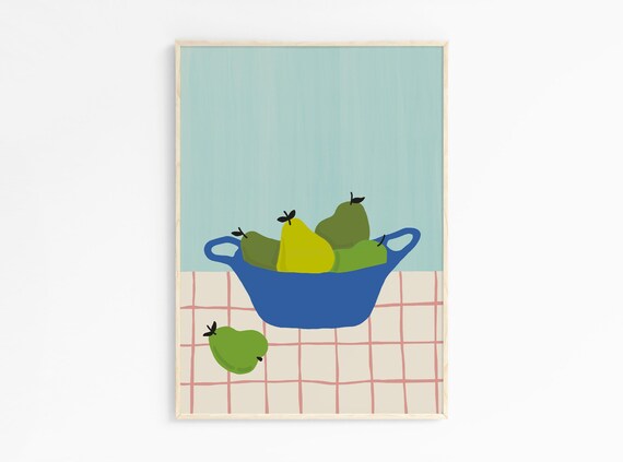 Pear Fruit Basket Art Trendy Wall Art Retro Poster Art Food Fruit Illustration Kitchen Wall Decor Food Poster Summer Print Art