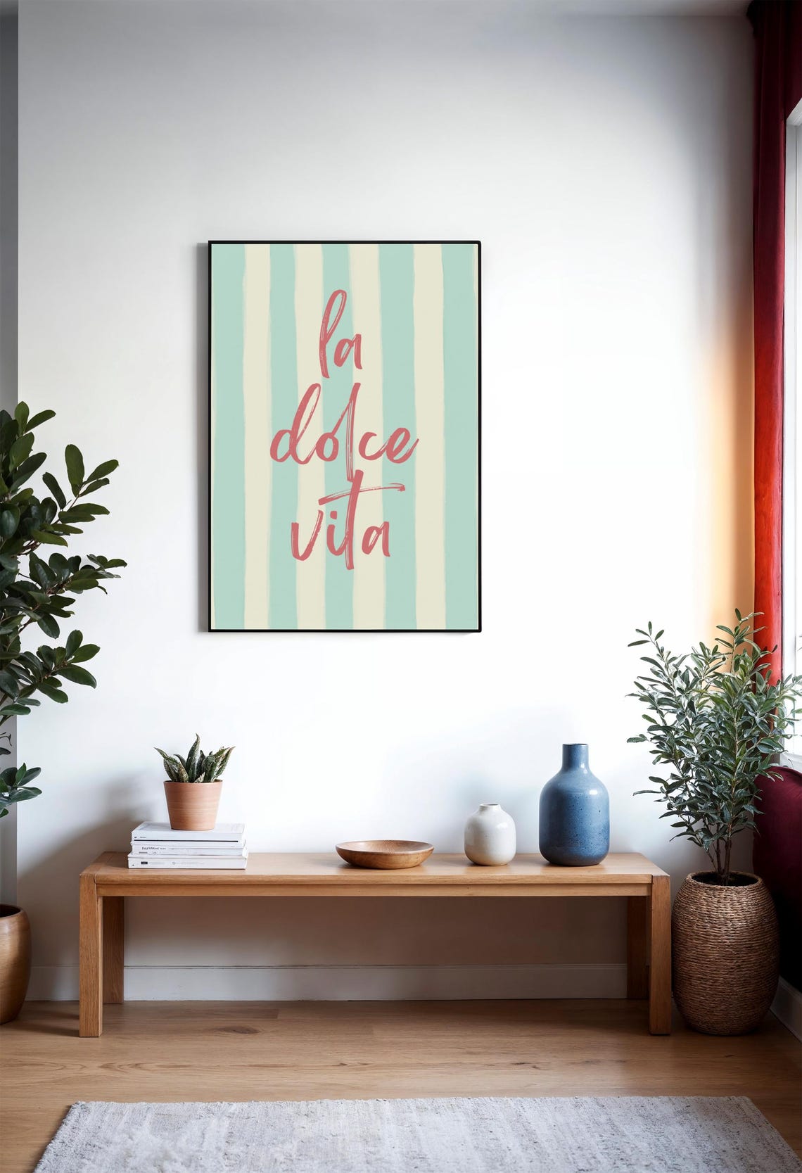 La Dolce Vita Coral Script Typography Mint Striped Quote Poster - Image 3