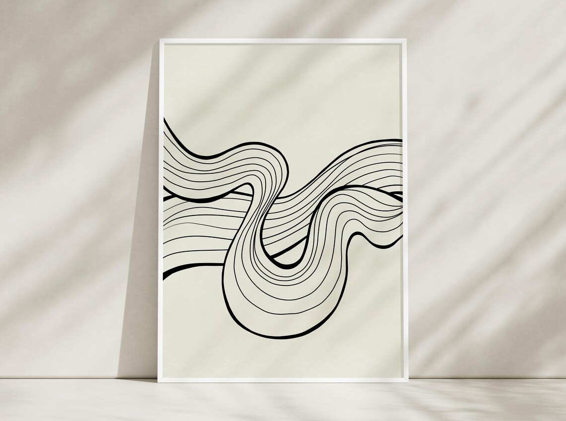 Minimalist Black Line Ribbon Flow Abstract Cream Wall Art Print