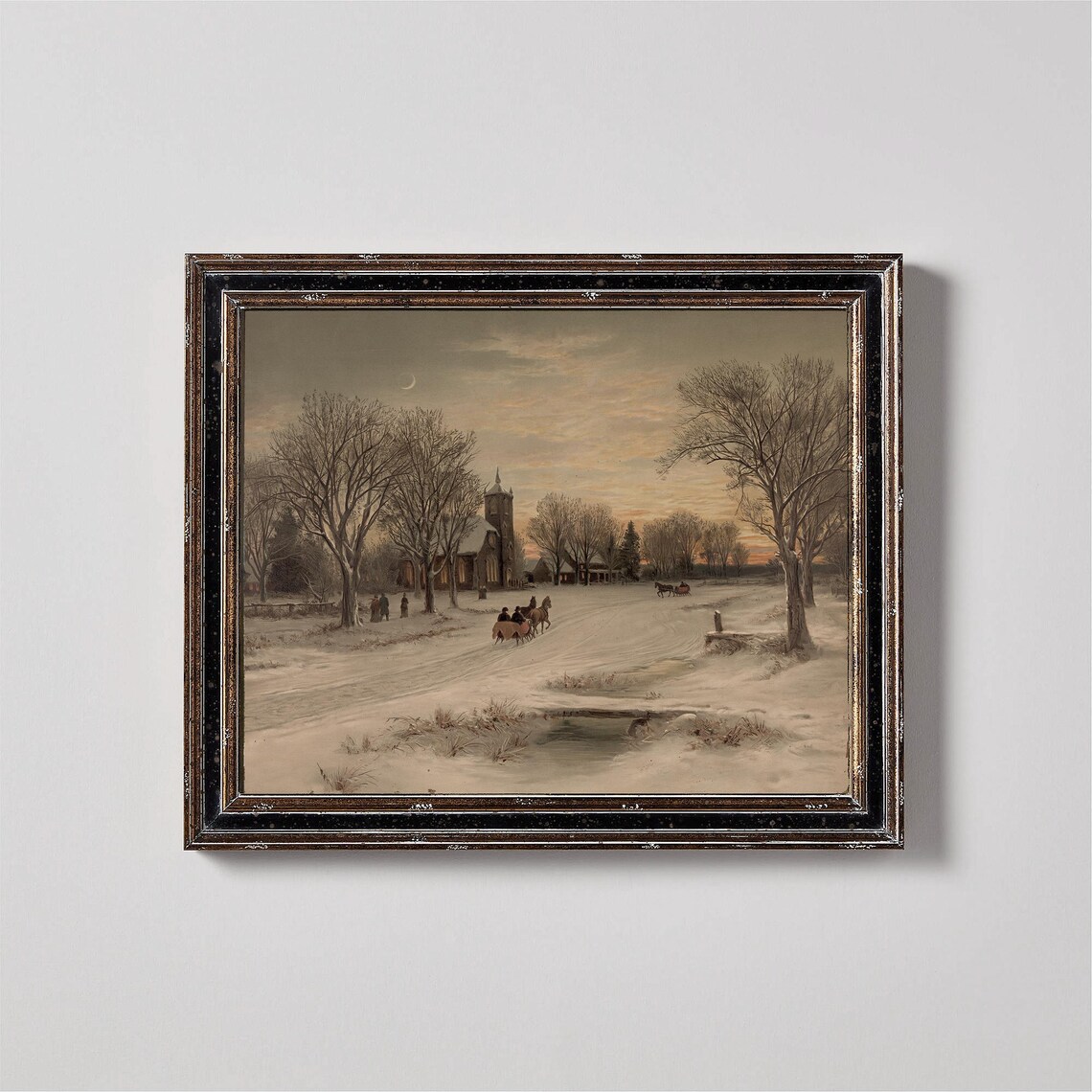 Snowy Village Church Winter Twilight Vintage Oil Painting Poster - Image 3