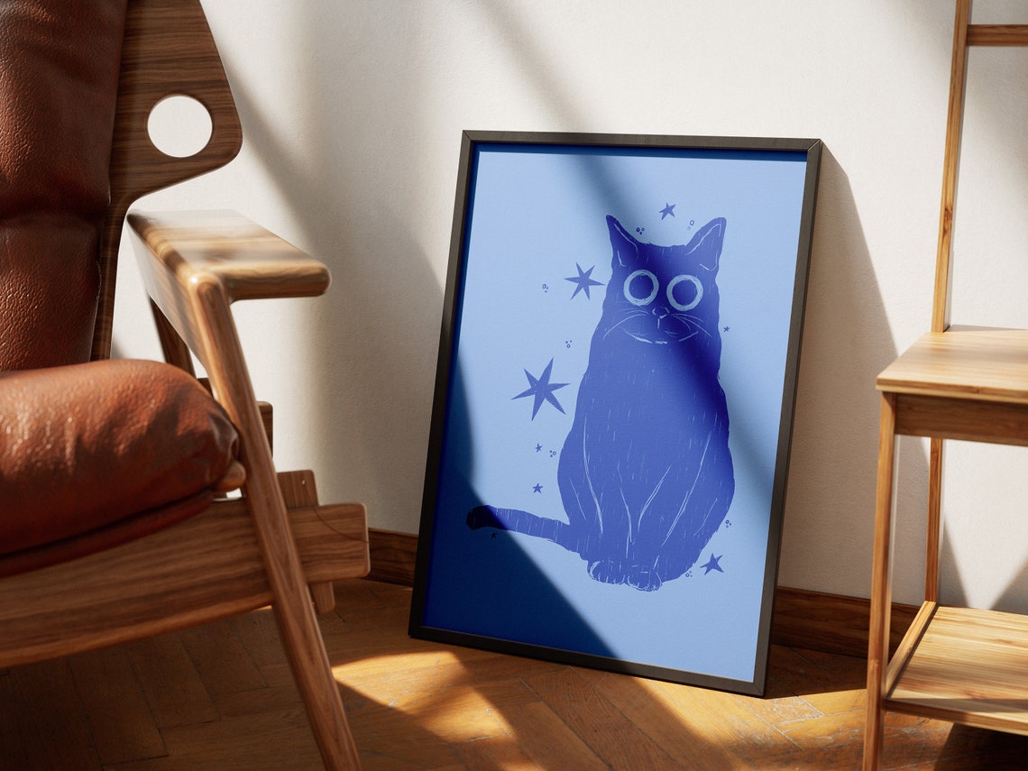 Midnight Blue Cat Stars Celestial Whimsical Cat Lover Art Poster - Image 4