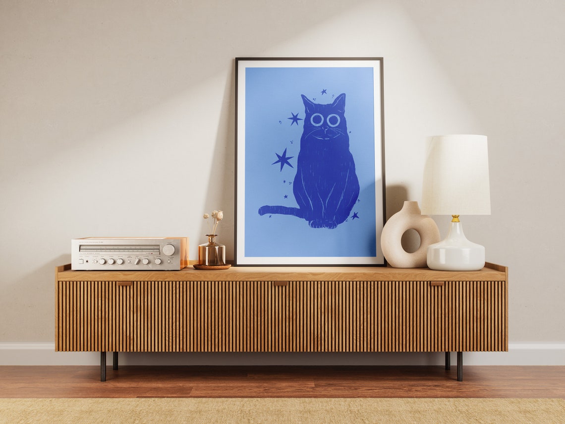 Midnight Blue Cat Stars Celestial Whimsical Cat Lover Art Poster - Image 2