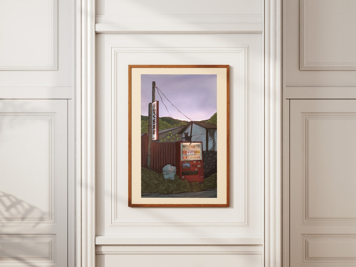 Japanese Countryside Evening Vending Machine Cat Illustration Poster - Image 4
