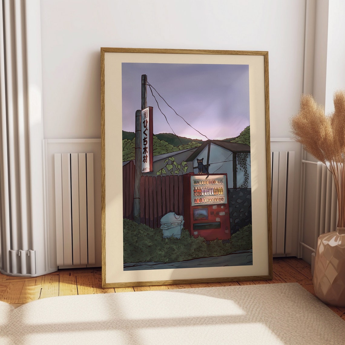 Japanese Countryside Evening Vending Machine Cat Illustration Poster