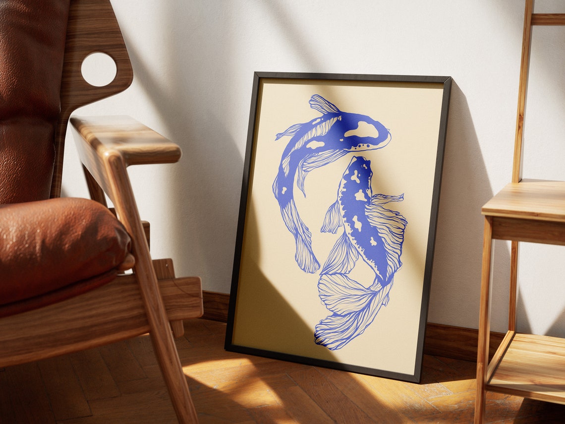 Blue Koi Fish Pair Swimming Cream Japanese Style Minimal Art Poster - Image 4