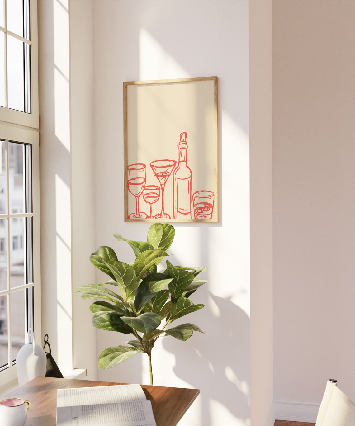 Red Line Art Cocktail Glasses Bottle Modern Bar Decor Poster - Image 5