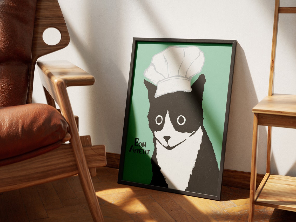 Bon Appetit Chef Cat Mint Green Funny Kitchen Decor Art Print - Image 4