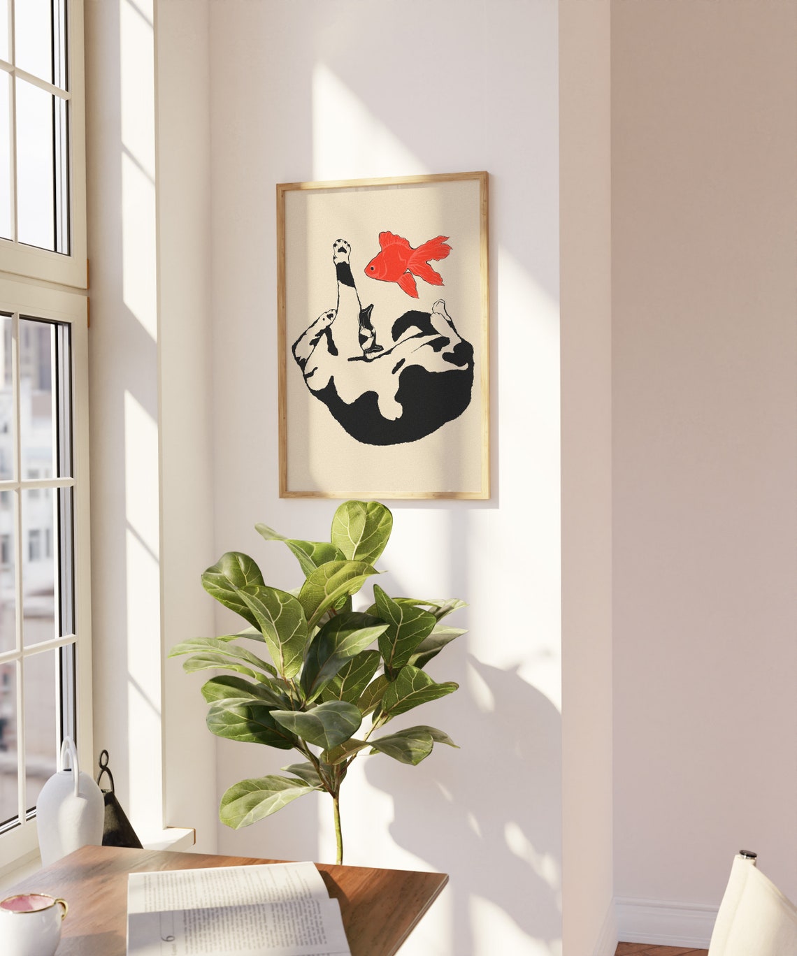 Playful Cat Reaching Red Goldfish Black White Funny Cat Poster - Image 5