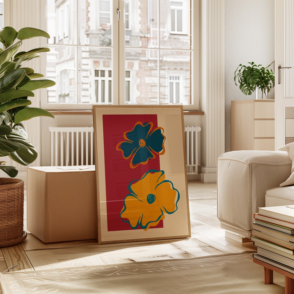 Abstract Floral Duo Teal Mustard Blooms Red Block Art Poster - Image 7