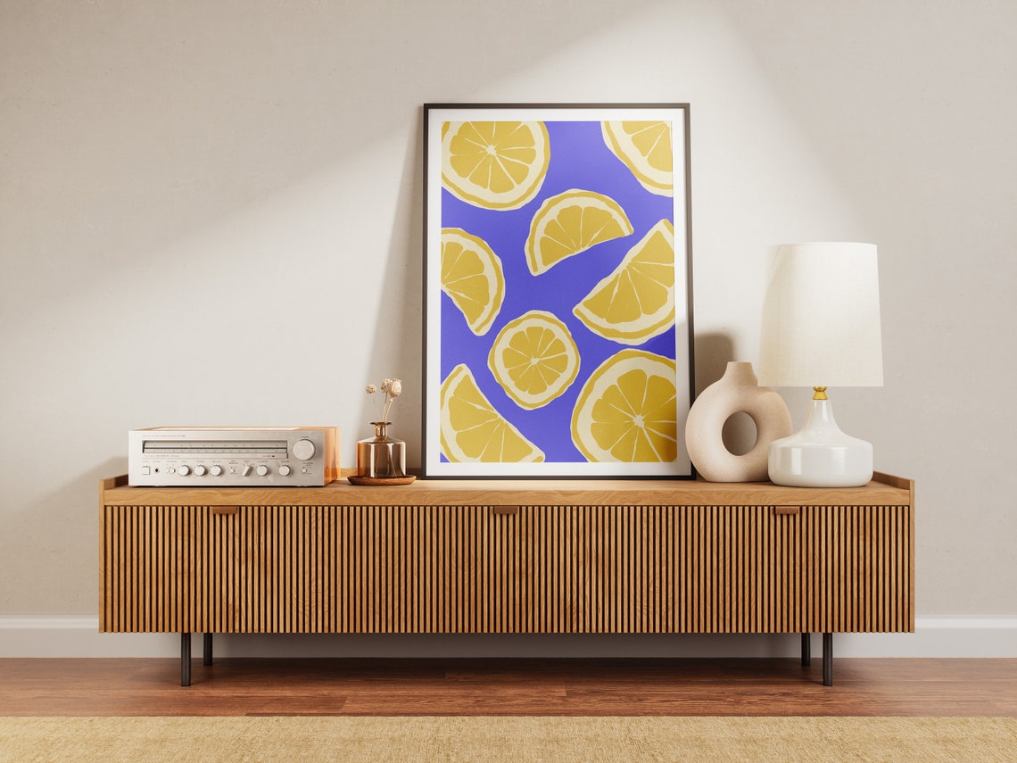 Lemon Slices Bold Blue Background Citrus Fruit Pattern Art Poster - Image 3